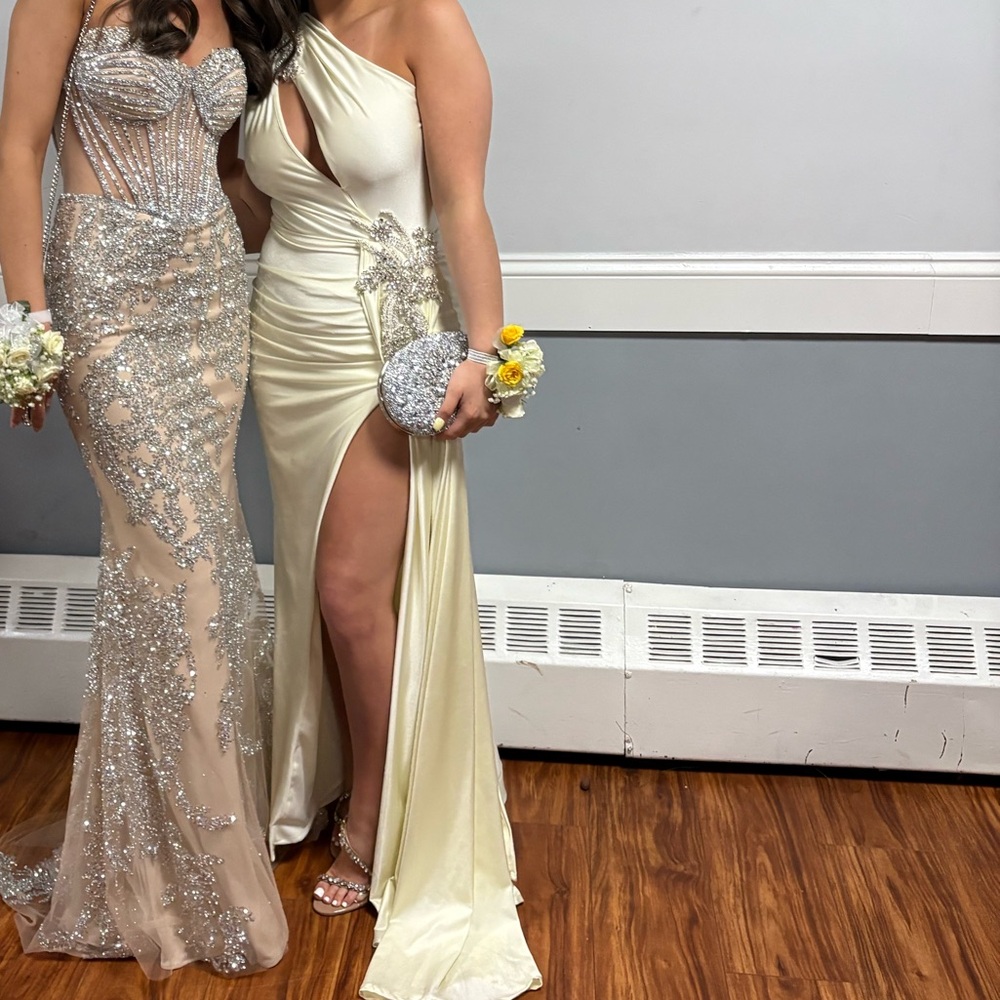 Elegant Cream and Silver Embellished Prom Dress